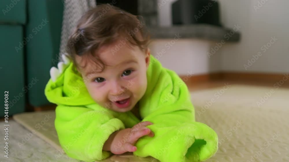 Baby smiling during tummy time in a green outfit, engaged with surroundings, joyful expression, playful and curious, indoor activity Baby smiling during tummy time in a green outfit, engaged with surroundings, joyful expression, playful and curious, indoor activity