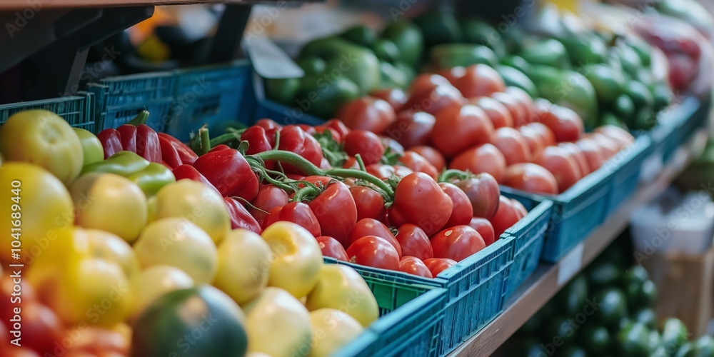 Rows of fresh vegetables, including tomatoes and peppers, are neatly arranged in a market setting. Vibrant colors displayed. Rows of fresh vegetables, including tomatoes and peppers, are neatly arranged in a market setting. Vibrant colors displayed.