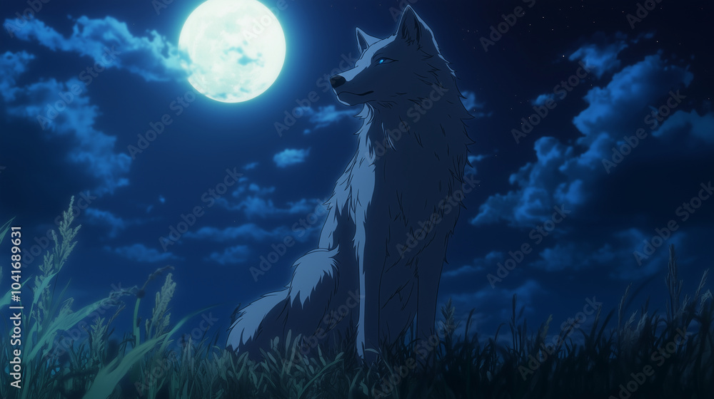 A wolf that can only be seen in moonlight, its fur glowing with lunar energy, anime style A wolf that can only be seen in moonlight, its fur glowing with lunar energy, anime style