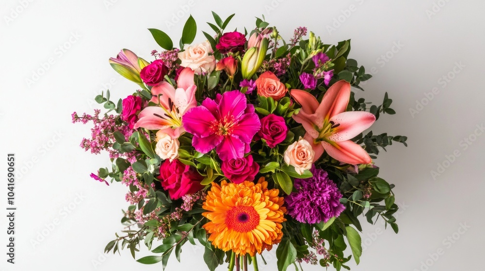 A vibrant bouquet of mixed flowers with roses, lilies, and carnations against a plain white background. A vibrant bouquet of mixed flowers with roses, lilies, and carnations against a plain white background.