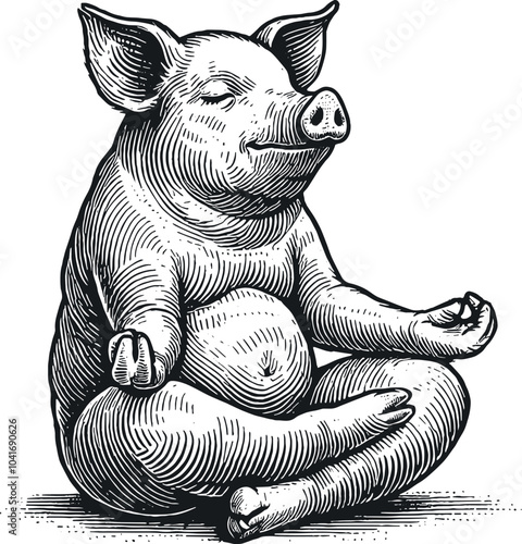 pig sits in lotus position in relax style engraving hand drawn vector