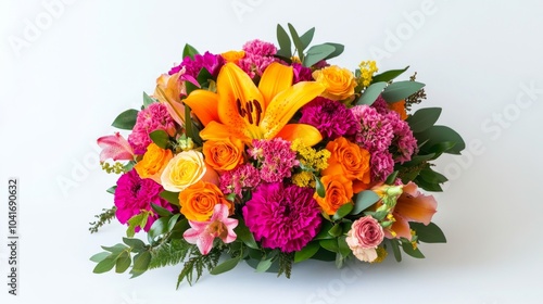 Wallpaper Mural A vibrant bouquet of mixed flowers with roses, lilies, and carnations against a plain white background. Torontodigital.ca