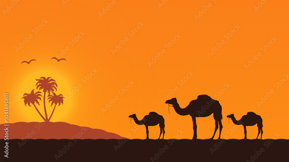 Panorama view Camel caravan passing through the desert. African and arabian landscape. Copy Space Background. Panorama view Camel caravan passing through the desert. African and arabian landscape. Copy Space Background.