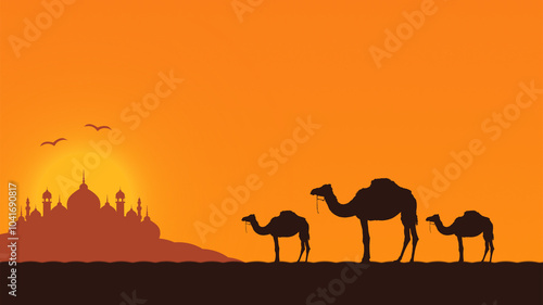 Panorama view Camel caravan passing through the desert. African and arabian landscape. Copy Space Background.