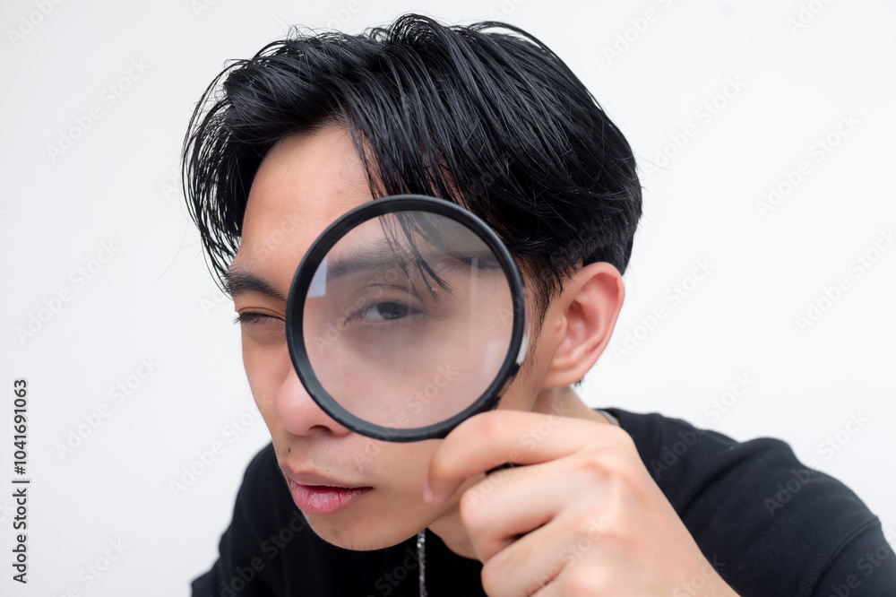 A curious young asian man bending down and intently looking at something with a magnifying glass. Closeup shot of face. Isolated on a white background. A curious young asian man bending down and intently looking at something with a magnifying glass. Closeup shot of face. Isolated on a white background.