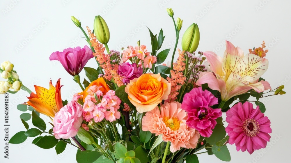 A vibrant bouquet of mixed flowers with roses, lilies, and carnations against a plain white background. A vibrant bouquet of mixed flowers with roses, lilies, and carnations against a plain white background.