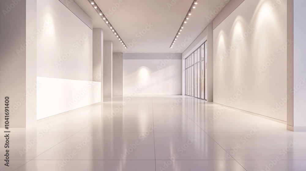 Minimalist white gallery space with sleek reflective floors, spotlights illuminating blank walls, and large windows creating an airy, modern exhibition environment. Minimalist white gallery space with sleek reflective floors, spotlights illuminating blank walls, and large windows creating an airy, modern exhibition environment.