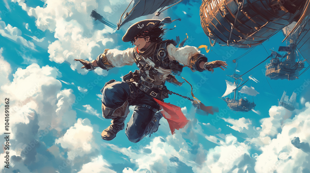 Fototapeta premium A daring pirate leaping from a flying airship, with the sky and clouds swirling around them, Anime style