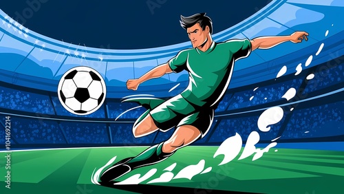 Soccer Player Kicking a Ball to Score a Goal in the Stadium