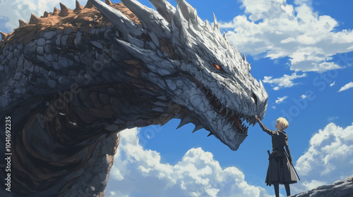 A character standing beside a massive dragon, their hand on the dragonÂs snout, both ready for battle, Anime style