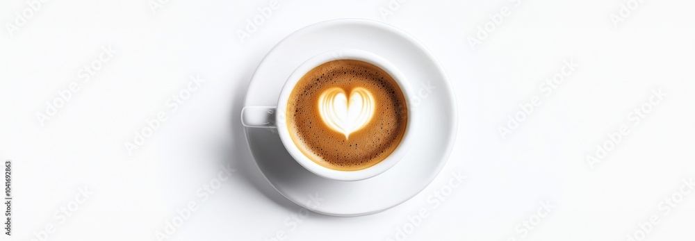 white cup and saucer with freshly brewed strong black espresso coffee with crema, isolated beverage design element, top view / flat lay white cup and saucer with freshly brewed strong black espresso coffee with crema, isolated beverage design element, top view / flat lay