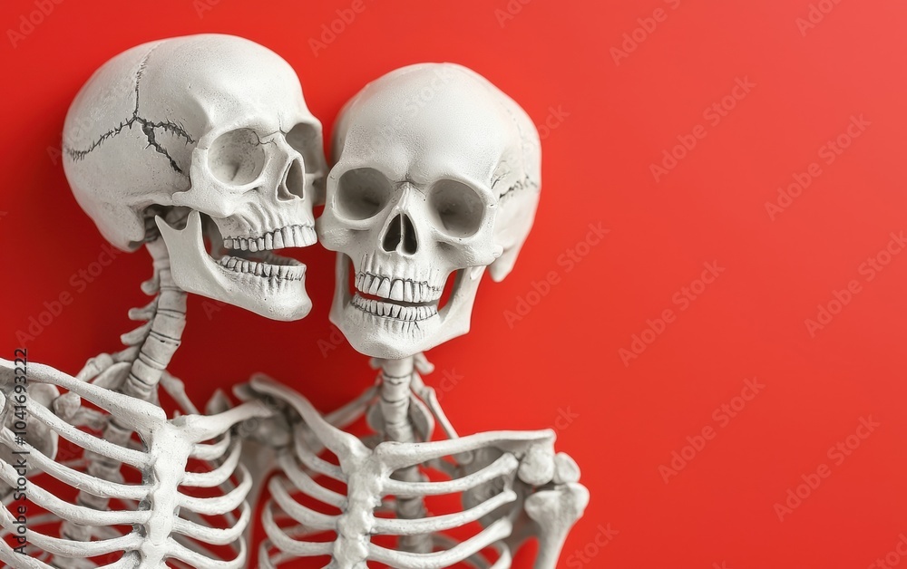 Two playful skeletal figures embrace against a vibrant red background, representing themes of anatomy, education, and playful curiosity. Two playful skeletal figures embrace against a vibrant red background, representing themes of anatomy, education, and playful curiosity.
