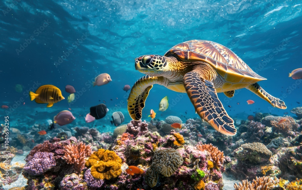 A vibrant underwater scene featuring a turtle swimming gracefully among colorful coral reefs and various tropical fish. A vibrant underwater scene featuring a turtle swimming gracefully among colorful coral reefs and various tropical fish.