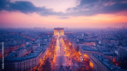 Fototapeta Naklejka Na Ścianę i Meble -  Aerial view of Paris from above the Arc de Triomphe, with streets fanning out at twilight.