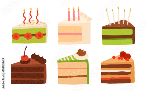 Birthday cake slices set. Sweet holiday bakery pieces collection. Pastry chocolate fruit, green matcha, kiwi, berry dessert with candles for breakfast. Vector hand drawn flat cartoon illustration