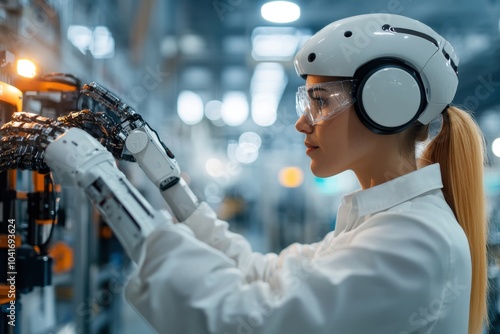 A woman wearing a futuristic robotics helmet and robotic arms works with precision in a high-tech laboratory, symbolizing the future of biomechanical integration. photo