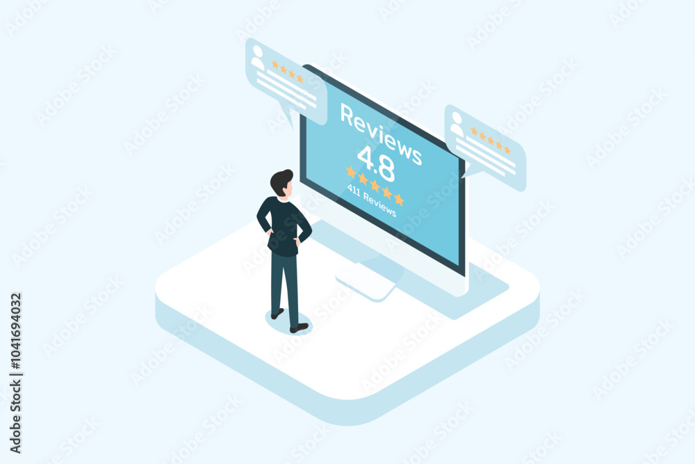 Reviews online, customer feedback, reading reviews and comments, isometric design concept Reviews online, customer feedback, reading reviews and comments, isometric design concept