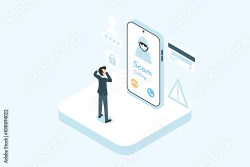 Fake fraud scammer isometric design, business man use smartphone with incoming call from unknown number, spam, hoax person, fake identity, scammer, scam with mobile phone, hacker, call center, crime