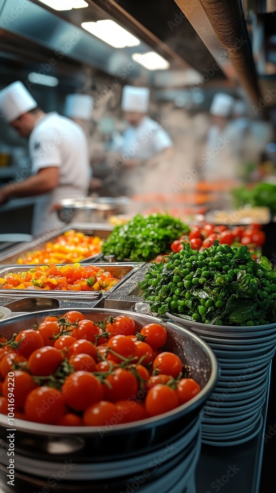 Chefs working in busy kitchen, motion blur capturing bustling restaurant activity Chefs working in busy kitchen, motion blur capturing bustling restaurant activity