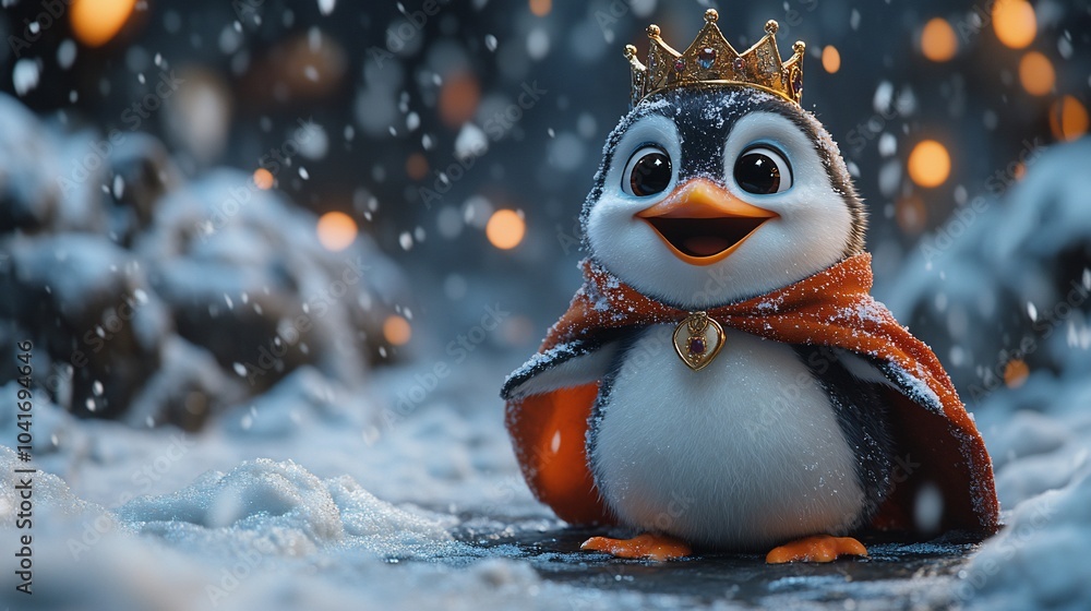 A cute penguin wearing a crown and a cape stands in a snowy landscape. A cute penguin wearing a crown and a cape stands in a snowy landscape.