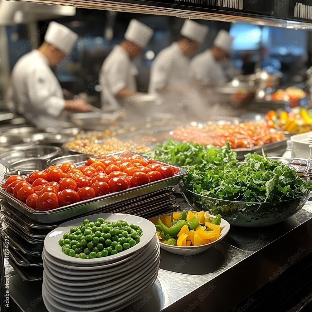 Obraz premium Chefs working in busy kitchen, motion blur capturing bustling restaurant activity