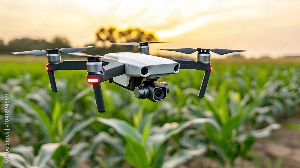 A drone flies above lush corn fields during sunset, showcasing advanced technology in agriculture and capturing stunning natural colors A drone flies above lush corn fields during sunset, showcasing advanced technology in agriculture and capturing stunning natural colors