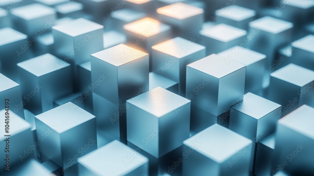 An array of shiny metallic cubes creates a mesmerizing pattern as light reflects off their surfaces, highlighting their geometric structure. The composition features varied angles and shadows. An array of shiny metallic cubes creates a mesmerizing pattern as light reflects off their surfaces, highlighting their geometric structure. The composition features varied angles and shadows.