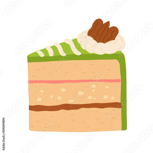 Birthday cake slices set. Sweet holiday bakery pieces collection. Pastry chocolate fruit, green matcha, kiwi, berry dessert with candles for breakfast. Vector hand drawn flat cartoon illustration