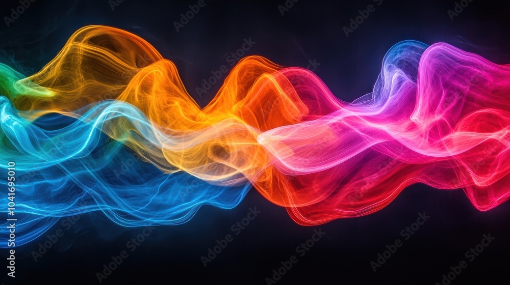 Vibrant flowing smoke in a spectrum of colors, creating dynamic waves against a dark background, perfect for artistic and modern design projects. Vibrant flowing smoke in a spectrum of colors, creating dynamic waves against a dark background, perfect for artistic and modern design projects.