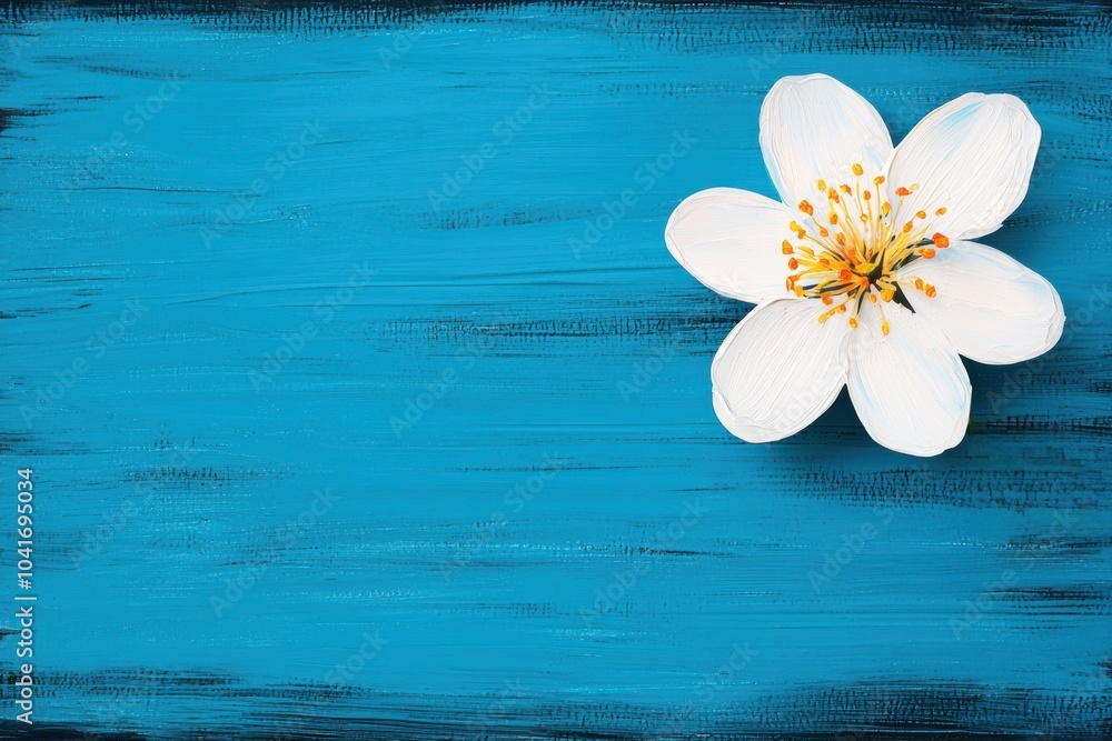 Obraz premium A beautiful white flower on a vibrant blue painted background. Perfect for artistic and botanical projects, adding a touch of elegance and color.