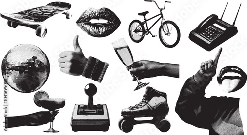 Set of 1980s and 1990s vintage halftone grunge vector design elements