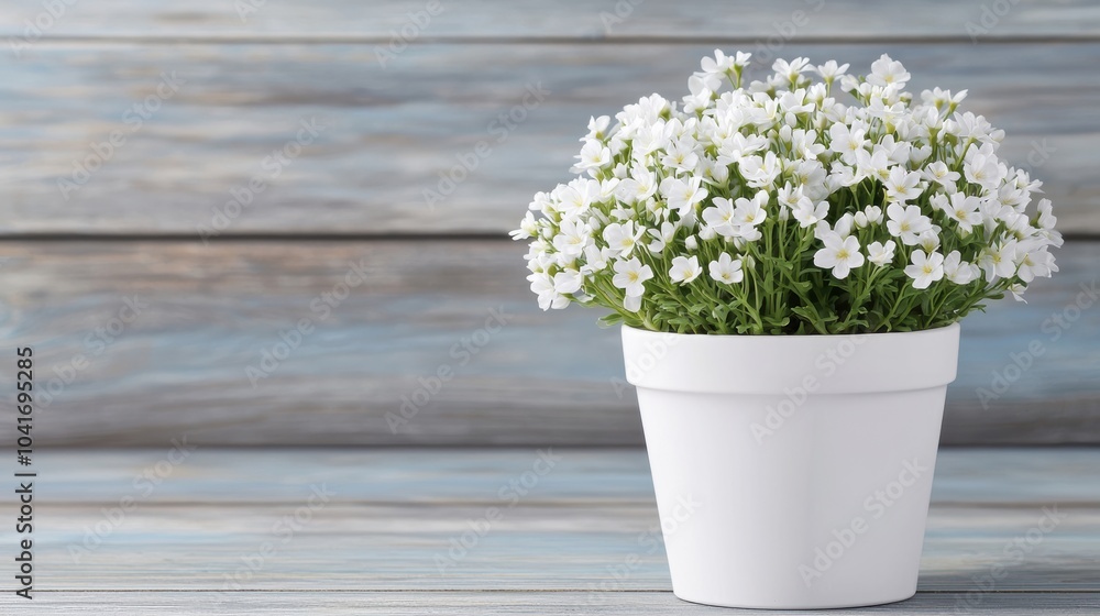 A beautiful white flower pot filled with delicate blooms against a rustic wooden background, perfect for home decor and nature-themed projects. A beautiful white flower pot filled with delicate blooms against a rustic wooden background, perfect for home decor and nature-themed projects.