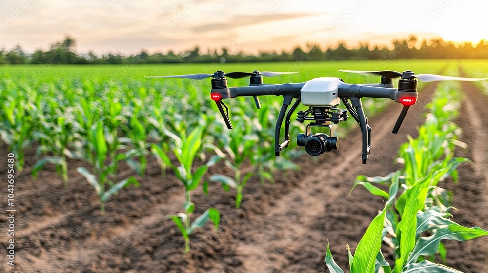 A drone flies above lush corn fields during sunset, showcasing advanced technology in agriculture and capturing stunning natural colors A drone flies above lush corn fields during sunset, showcasing advanced technology in agriculture and capturing stunning natural colors