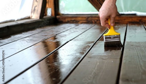 Close-up of a brush painting wood floor in brown color. Wood plank impregnation. Finish oil coating of board. Second layer of oiling. Manual construction work in a gazebo. Natural building materials photo