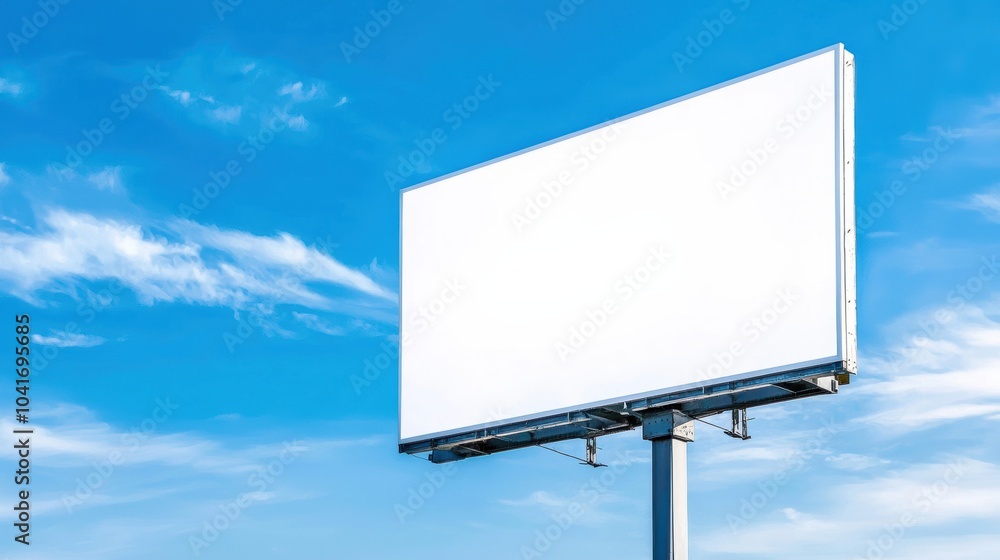 A blank billboard standing against a blue sky with wispy clouds, perfect for advertising space or showcasing creativity in marketing. A blank billboard standing against a blue sky with wispy clouds, perfect for advertising space or showcasing creativity in marketing.