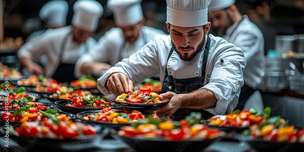 Long exposure of a bustling kitchen with chefs preparing food Long exposure of a bustling kitchen with chefs preparing food