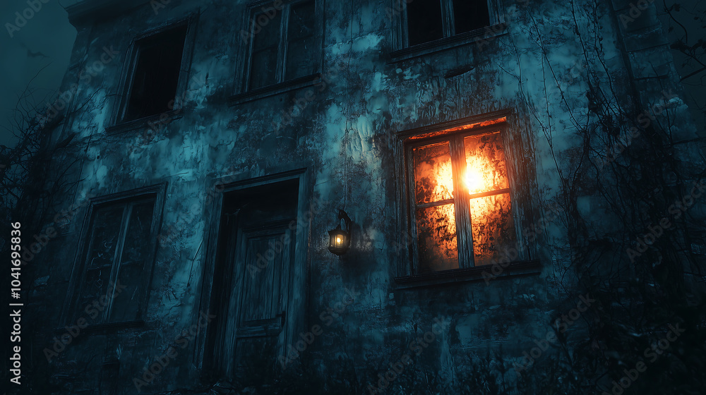 Fototapeta premium Dark Abandoned House Window Lantern Night