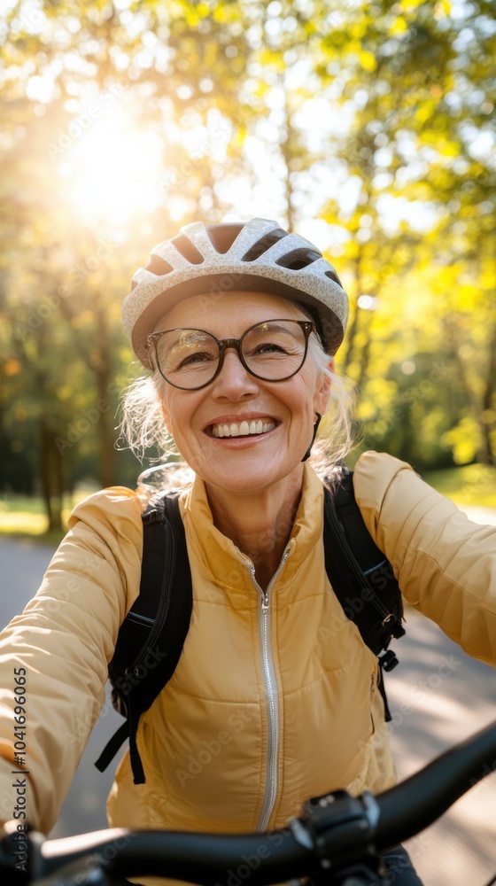 Fröhliche Seniorin radelt im sonnigen Frühlingspark für Fitness und Wohlbefinden Fröhliche Seniorin radelt im sonnigen Frühlingspark für Fitness und Wohlbefinden