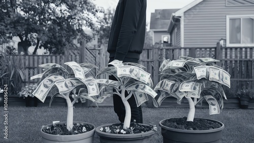 Conceptual Representation of Money Trees Growing in Backyard with Black and White Effect photo