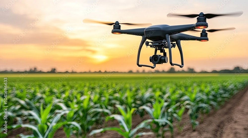 A drone flies above lush corn fields during sunset, showcasing advanced technology in agriculture and capturing stunning natural colors A drone flies above lush corn fields during sunset, showcasing advanced technology in agriculture and capturing stunning natural colors