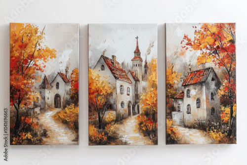 Oil paintings artwork, autumn triptych, medieval old town cityscape