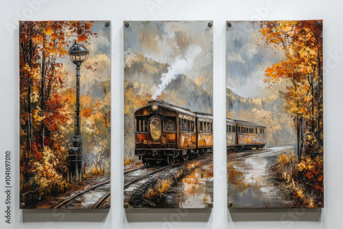 Oil paintings artwork, vintage retro train triptych