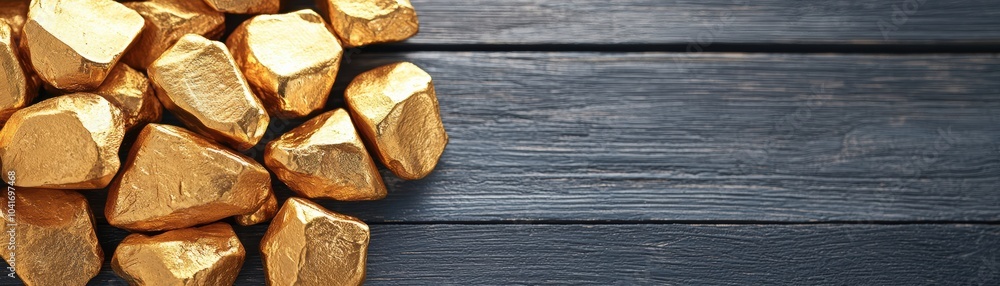 A collection of shiny gold nuggets resting on a rustic wooden surface, showcasing their natural luster and texture. A collection of shiny gold nuggets resting on a rustic wooden surface, showcasing their natural luster and texture.