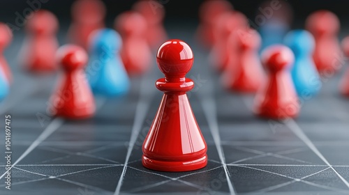 A vibrant close-up of red and blue game pieces on a chessboard, symbolizing strategy, competition, and gaming.