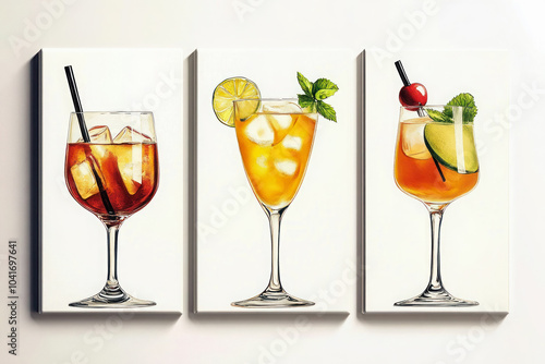 Oil paintings artwork, alcohol cocktails set