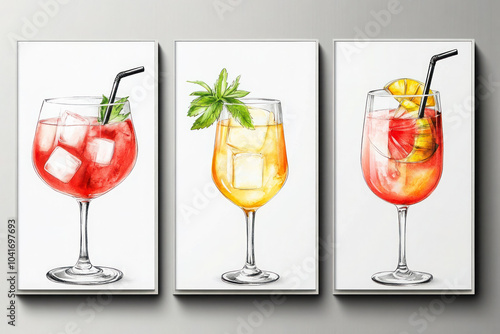 Oil paintings artwork, alcohol cocktails set