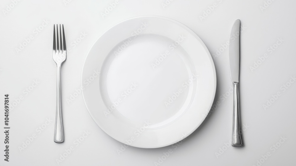 Empty white plate with silver fork and knife on a clean surface. Empty white plate with silver fork and knife on a clean surface.
