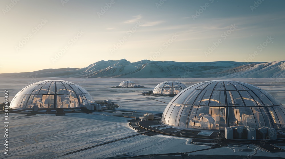 Fototapeta premium Futuristic Arctic Domed Habitat: Sustainable Living in Extreme Cold Environments
