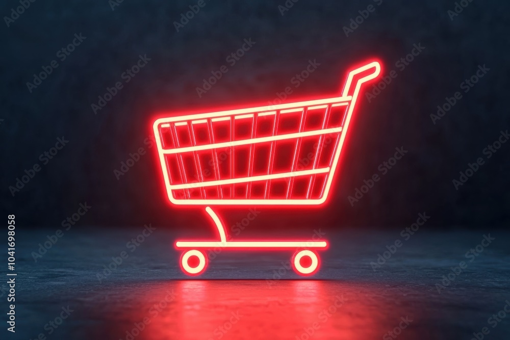 Illuminated neon shopping cart icon on dark background, representing e-commerce and online shopping trends. Perfect for retail and digital marketing themes. Illuminated neon shopping cart icon on dark background, representing e-commerce and online shopping trends. Perfect for retail and digital marketing themes.