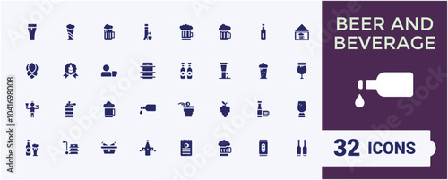 Set of solid Beer and beverage icons. Related to pint glass, brewing, bar, pub, alcohol, hops, taproom. Minimal filled icon collection. Editable flat symbol. Pixel perfect.
